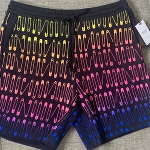 Men’s NWT SPIRIT JERSEY Sweatshorts, Black w/Neon Safety Pin Puff Print, Small